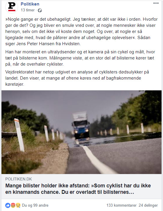 Skærmprint af Politikens Facebook omtale af Hold Afstand til Cyklisten